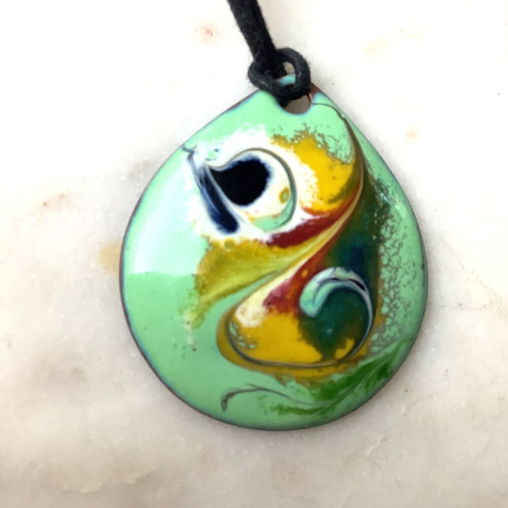 Copper Enamel Pendant Meab Ireland Swirl Necklace Artisan Retro Jewelry